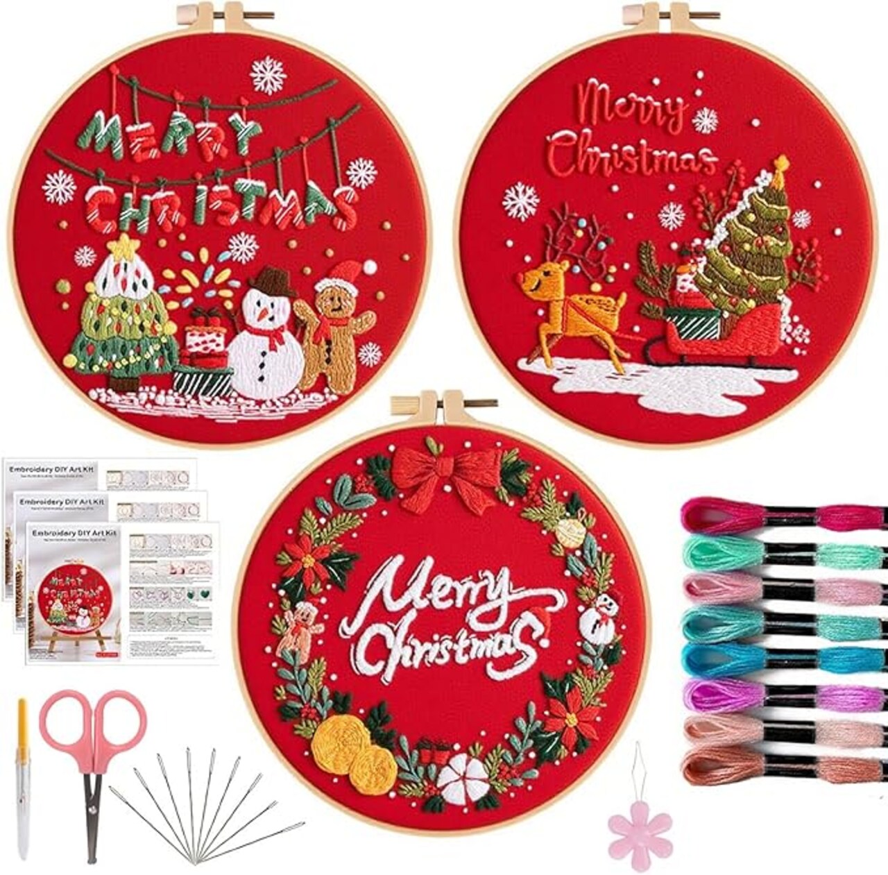 Christmas Embroidery Kit for Beginners, 3 PCS Adult Cross Stitches for Men, Red Santa Kit Set with Instruction Needle Thead Embroidery Hoop